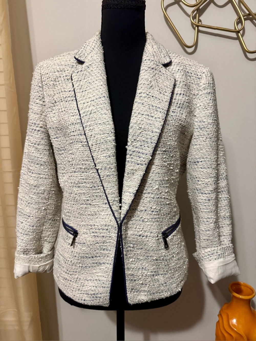 Ann Taylor Cream Tweed Blazer with Navy Trim